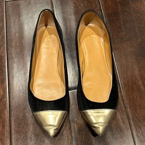 J. Crew Black and Gold Pointed Flats